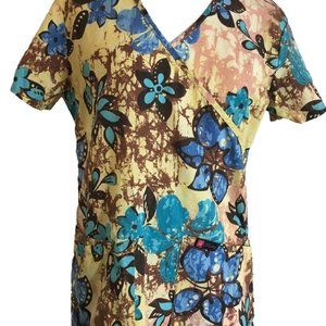 Actual Yellow Blue Floral XS Scrub Top Medical Nursing